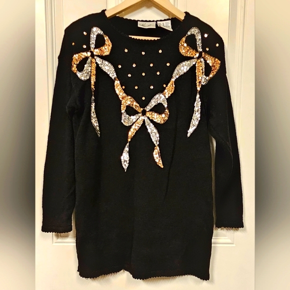 Gold Silver Sequin Bow Embroidery knit ramie cotton black sweater size M - Picture 2 of 14